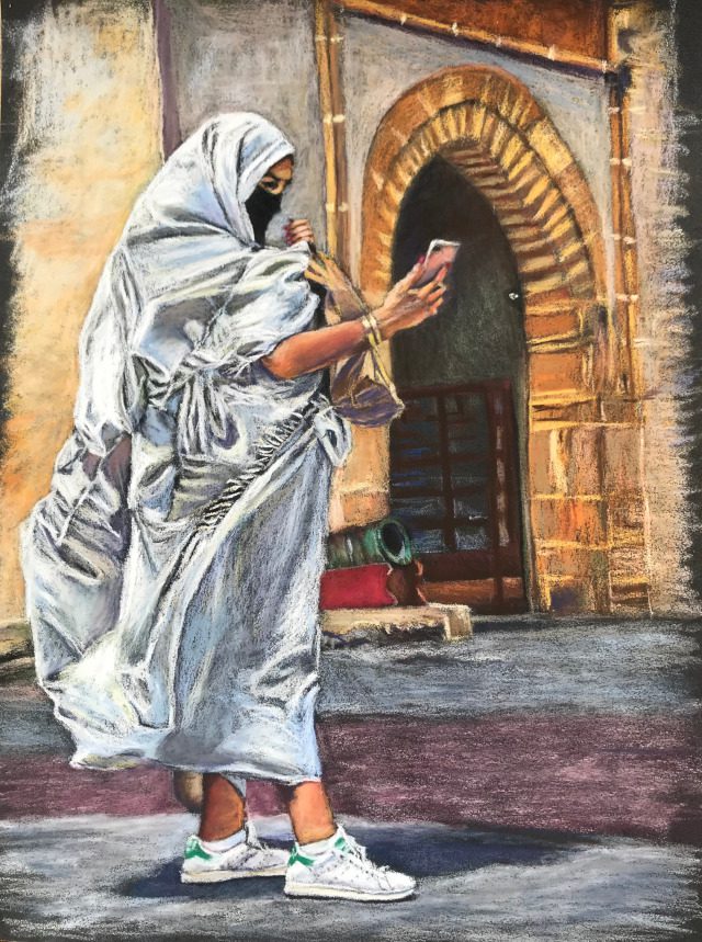 Moroccan woman on traditional "Hayek", painting, pastel