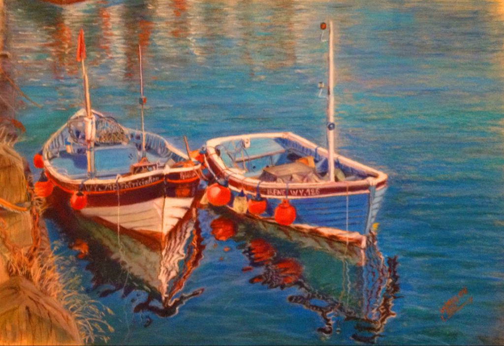 boat reflections painting, pastel